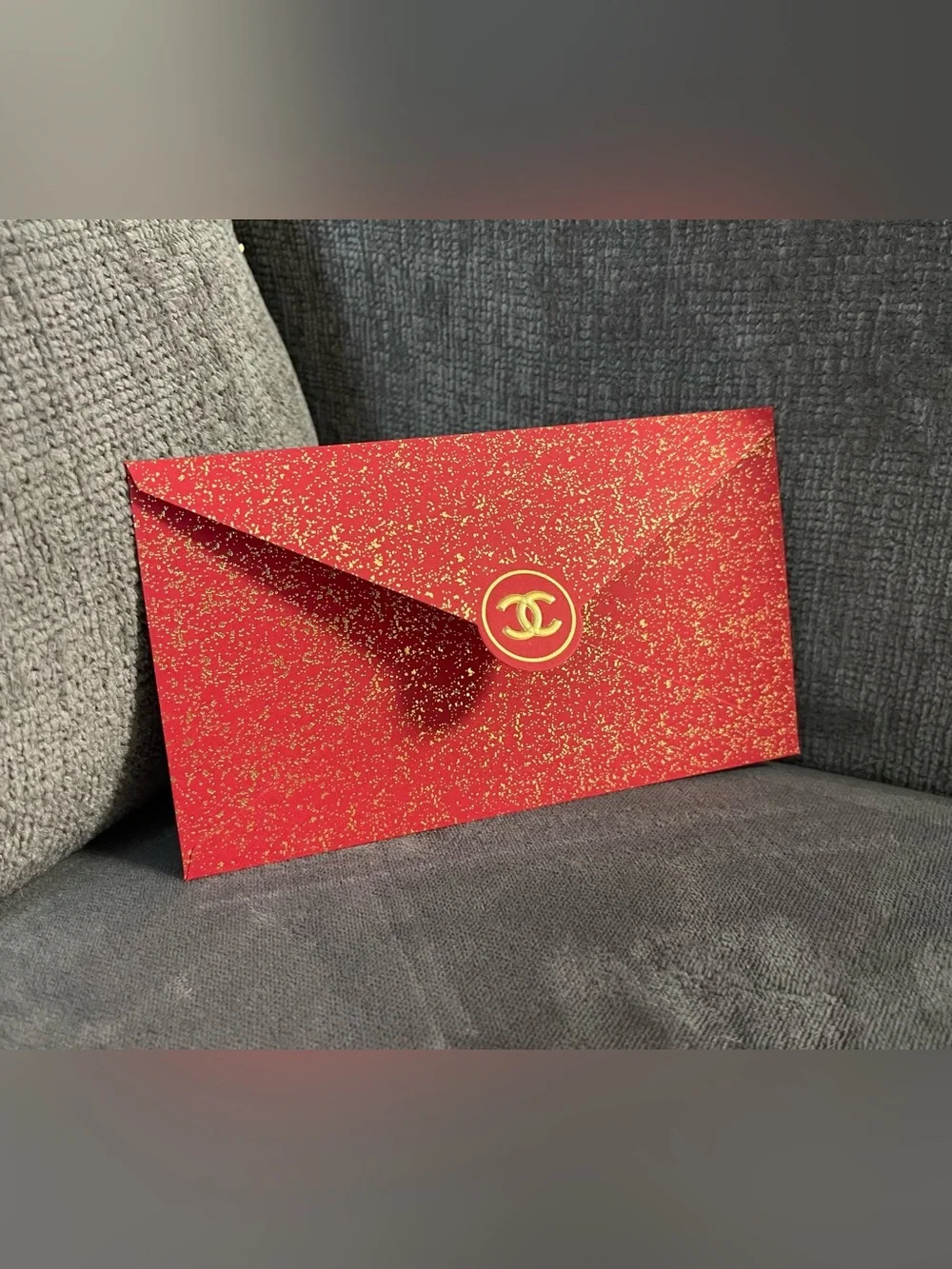 CHANEL Red Glitter Envelope with Gold CC Logo